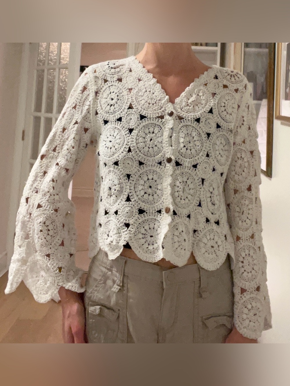 White Crochet Button-Up Cardigan